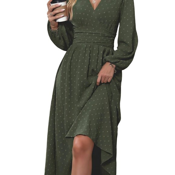 Dresses & Skirts - Swiss Dot Maxi Dress V-Neck Long Lantern Sleeves A-Line Flowy